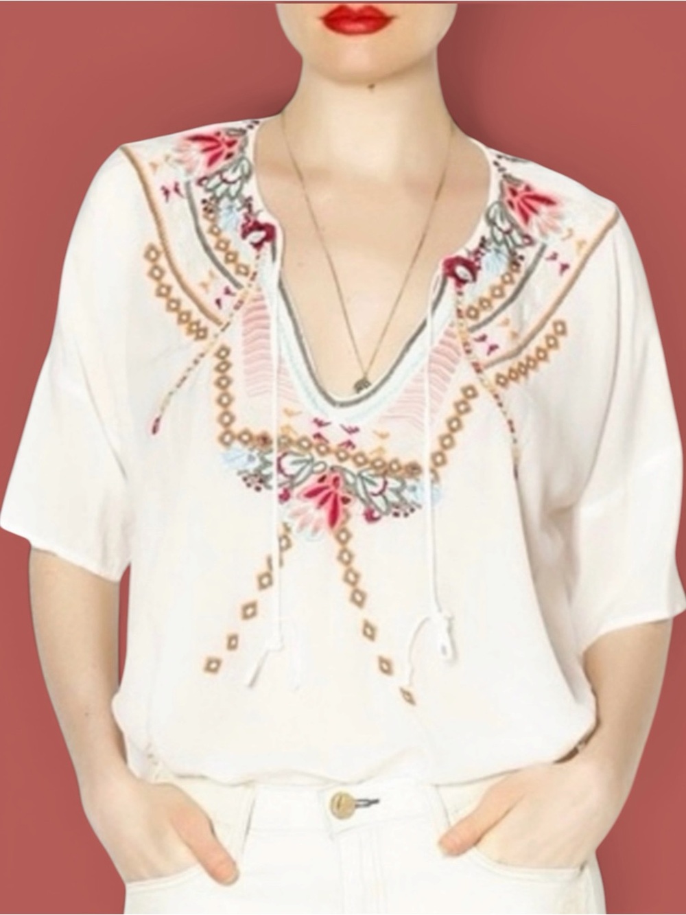 Johnny Was Biya Ivory Embroidered Silk Blouse